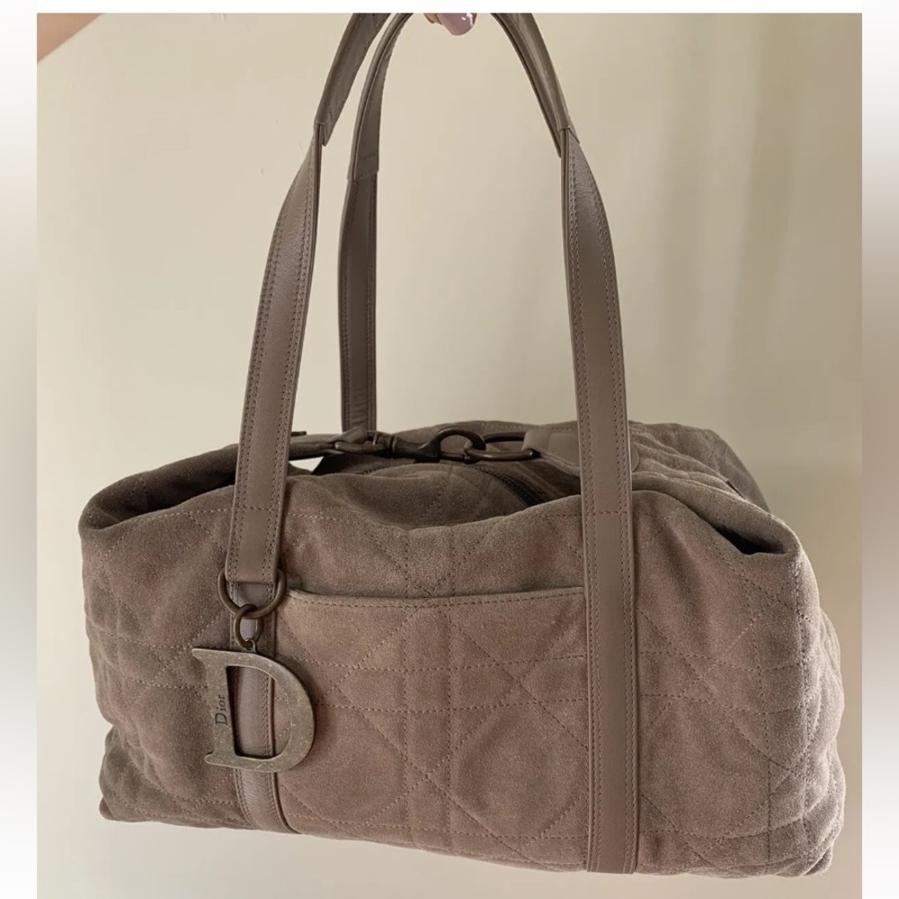 CHRISTIAN DIOR Large Vintage Cannage Quilted Suede Taupe Shoulder Bag Tote - New